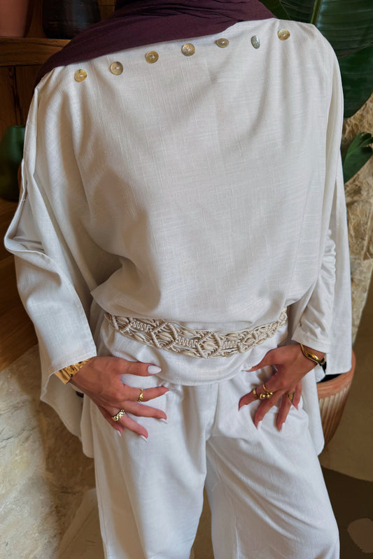 Crochet belt bohemian with shells styled with white linen cape and pants